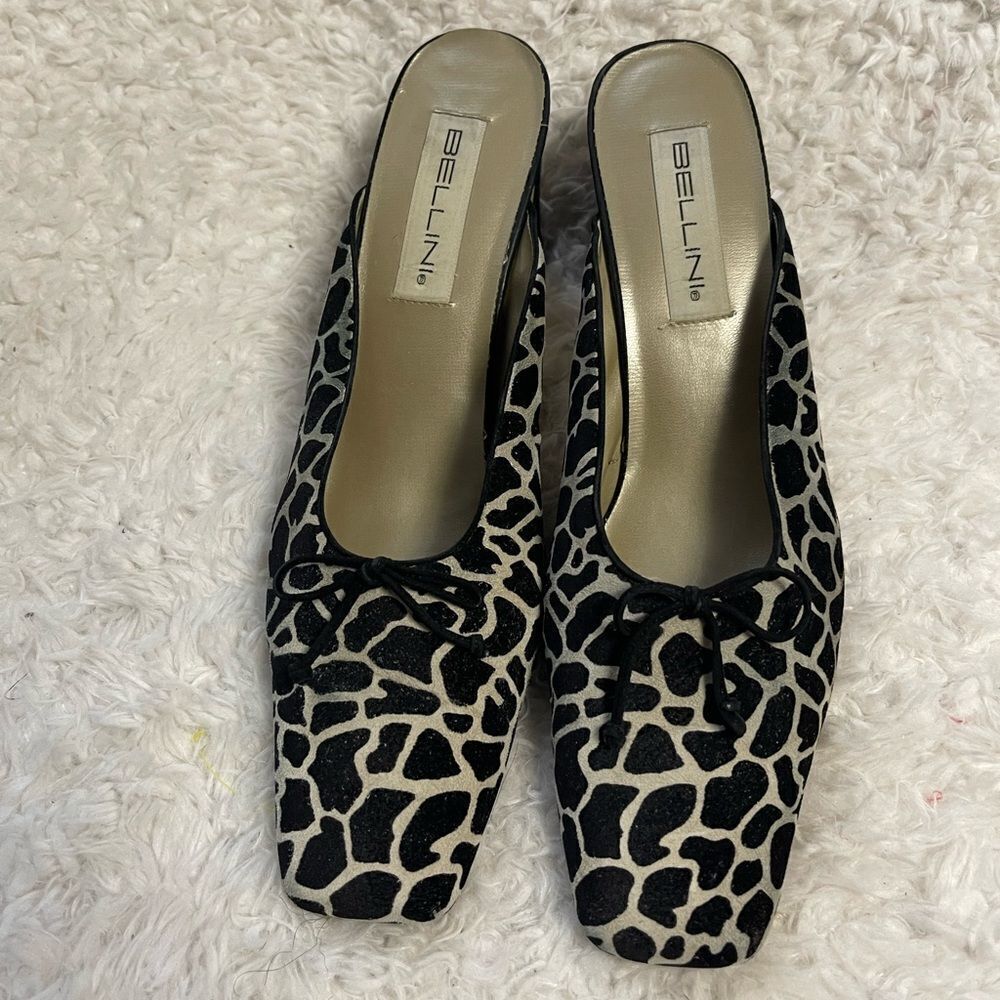 Bellini  Milan Women's leather suede Black and Cream animal print  Mules SZ12B
